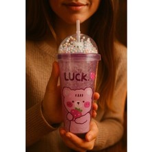 Marsilyan Çılgın Bear Suluk Pipetli Buzlu Cam Görünümlü 450 ML Çift Katman Mika Sevimli Suluk 2093 Mor