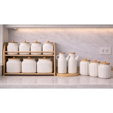 Kitchen Pembelia 13 Parça Porselen Bambu Standlı 2li Yıldız Yağdanlık,3’lü Kavanoz,7li Standlı Baharatlık Takım