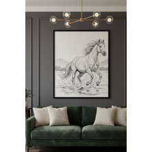 Safir Design Lüks Siyah ve Beyaz Koşan At Duvar Sanatı | Modern Minimalist Çerçeveli Tablo
