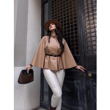 Ribana Classic Kadın Gold Düğme Detaylı Kemerli Trend Kısa Süet Panço 4837