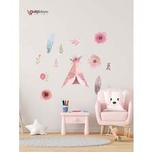 Dijidepo Kızılderili Çadırı ve Çiçekler Duvar Sticker Seti - Boho Pembe Çiçekli Bebek Odası Duvar Çıkartması