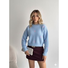 Ribana Classic Kadın Uzun Kollu Pembe Kalp Detaylı Standart Beden Triko Yumoş Kazak 4603