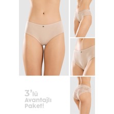 Baykar Kadın Pamuklu Likralı Arkası Dantelli Slip Külot 3lü Paket 8432 Ten Rengi