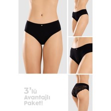 Baykar Kadın Pamuklu Likralı Arkası Dantelli Slip Külot 3lü Paket 8432 Siyah