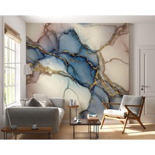 Grown Altın Çizgili Mavi Beyaz Mermer Desenli Duvar Kağıdı - Mutfak ve Banyo