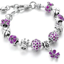 Kumi Avusturya Kristali Çiçek Figürlü Charmlı Gümüş Kadın Bileklik 20 Cm-mor