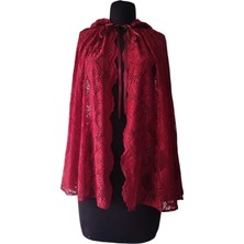 Moda Nur Pelerin, Kapşonlu Pelerin, Bordo Renk , Desenli Tül Gelin Pelerin. 85 cm