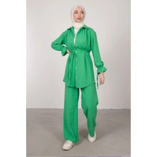Tesettür Diyarı Kırışık Kumaş Manşeti Bağcıklı Tesettür Takım- Çim Yeşili