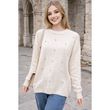 Moda Kadın Taş Detaylı Triko Kazak – Bordo Lacivert Gri Krem Günlük Kazak