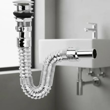 Marsilyan Krom Basmalı Sifon -Körüklü Sifon Bas Stoplu Lavabo Mutfak Sifonu-Paslanmaz