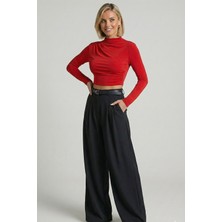 Drapeli Uzun Kollu Slim Fit Crop Bluz