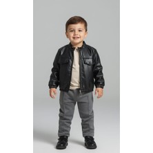 Erkek Bebek Deri Ceketli 3'lü Kombin Takım