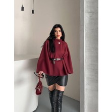 Ribana Classic Kadın Gold Düğme Detaylı Kemerli Trend Kısa Süet Panço 4837