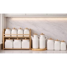 Kitchen Pembelia 13 Parça Porselen Bambu Standlı 2li Papatya Yağdanlık,3’lü Kavanoz,7li Standlı Baharatlık Takım