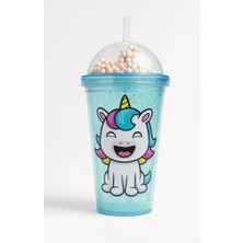 Marsilyan Unicorn Temalı Suluk Pipetli Buzlu Cam Görünümlü 450 ML Çift Katman Mika Su Şişesi 2646 Mavi