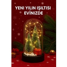 Marsilyan Yeni Yıl Hediye Led Işıklı Fanus İçinde 2 Çam Ağacı ve Hediye Temalı Noel Yılbaşı Gece Lambası