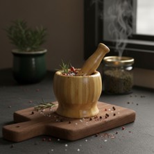 %100 Doğal Bambu Havan ve Havaneli Seti - Ergonomik Baharat Öğütücü Sarımsak Ezici Havanda