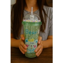 Marsilyan Çılgın Bear Suluk Pipetli Buzlu Cam Görünümlü 450 ml Çift Katman Sevimli Mika Suluk 2093 Yeşil