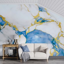 Grown Açık Mavi ve Beyaz Mermer Desenli Duvar Kağıdı - Mutfak ve Banyo