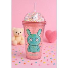 Marsilyan Suluk Pipetli Buzlu Cam Görünümlü 450 ML Çift Katman Mika Su Şişesi 2087 Pembe