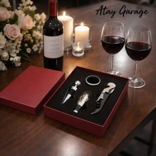 Atay Garage Lüks Tirbuşon Seti – 4 Parça Şarap Aksesuar Seti | Hediye Kutulu Kırmızı Tirbişon