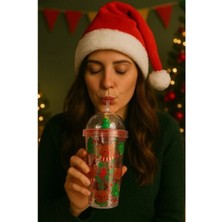 Marsilyan Yeni Yıl  & Noel Geyik Temalı Pipetli Suluk 450 ML Çift Katman Mika Su Şişesi 2768-C