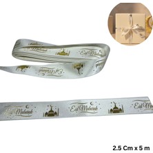 Roco Paper Co. Eid Mubarak Yazılı Hediye Paketleme Kurdelesi, Altın Varak Krem Saten Kurdele, 2.5cm x 5m