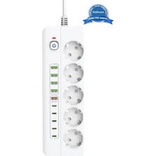 Vothoon 3500W Akım Korumalı 5’li Grup Priz: 5x USB + 5x Type-C Çıkışlı (2 Metre)