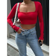 Boutiquen Büzgülü Uzun Kollu Esnek Mavi Crop Bluz WFT5057