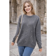 Moda Kadın Taş Detaylı Triko Kazak – Bordo Lacivert Gri Krem Günlük Kazak