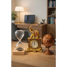 Marsilyan 3’lü Masa Üstü Seti – Fil Figürlü Saat, Manyetik Kum Saati ve Bronz Dünya Küresi - Premium Hediye