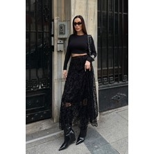 Lior Design Siyah Yüksek Bel Dantel Detaylı Maxi Boy Etek BCDF-25H6009