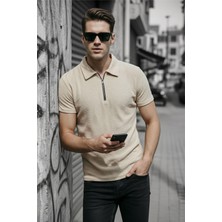 Oksit Robb Erkek Yarım Fermuarlı Dokulu Polo Yaka Kısa Kollu Slim Fit Tişört