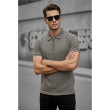 Oksit Robb Erkek Yarım Fermuarlı Dokulu Polo Yaka Kısa Kollu Slim Fit Tişört