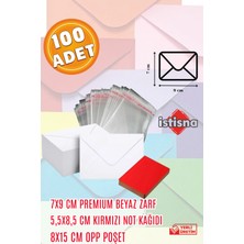 İstisna 100 Adet 7x9 Cm Beyaz Zarf Kırmızı Not Kağıdı ve Opp Poşet Hediyeli Sevimli Mini Kart Zarfları