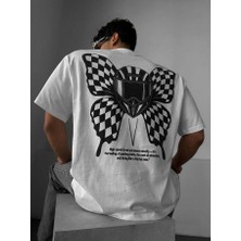 Elku Moda Kask Kelebek Baskılı Oversize Tişört Arkası Büyük Motivasyon Desenli %100 Pamuklu Streetwear T-Shirt