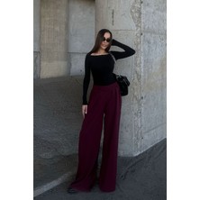 Lior Design Bordo Pile Detaylı Ispanyol Ultra Soft Kumaş Pantolon BCDF-25P0002