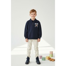 Lupinn Erkek Çocuk Sweatshirt Ayıcık Baskılı Lacivert Polo Yaka Düğmeli Günlük ve Özel Gün