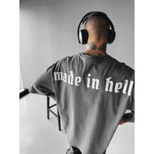 Elku Moda Made In Hell Slogan Gotik Oversize Tişört %100 Pamuklu Bisiklet Yaka T-Shirt Salaş Dökümlü Bol