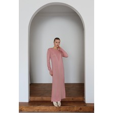 İlmek 25015 Kadın V Desen Premium Iplik Triko Elbise Pembe