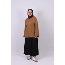 İlmek 25002 Saç Örgü Detaylı Kimono Kollu Kazak Sütlü Kahve