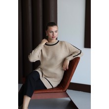 İlmek 25024 Kadın Çizgi Detaylı Yumuşak Dokulu Uzun Kazak Vizon