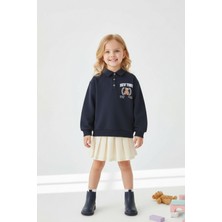 Lupinn Kız Çocuk Sweatshirt Ayıcık Baskılı Lacivert Polo Yaka Düğmeli Günlük ve Özel Gün