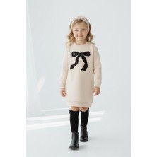 Lupinn Kız Çocuk Elbise Fiyonk Baskılı Krem Sweatshirt Elbise Uzun Kollu Günlük ve Özel Gün