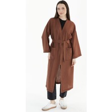 İlmek 5301 Kadın Kahverengi Cepli Kemerli Uzun Kimono