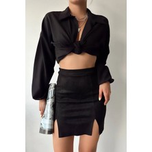 Lior Design Siyah Çift Yırtmaçlı Fermuarlı Kaşe Etek BC231015