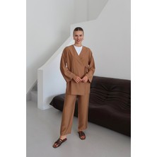 İlmek 25041 Krinkıl Dokulu Kimono Takım Kahverengi