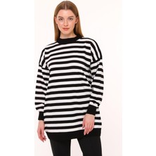 İlmek 4374 Triko Çizgili Basic Kazak Siyah