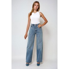 Lior Design Mavi Yüksek Bel Palazzo Kesim Jean Pantolon BCHNW-251176