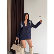 My Lunessa Şal Detaylı Lacivert Kruvaze Yaka Ceket